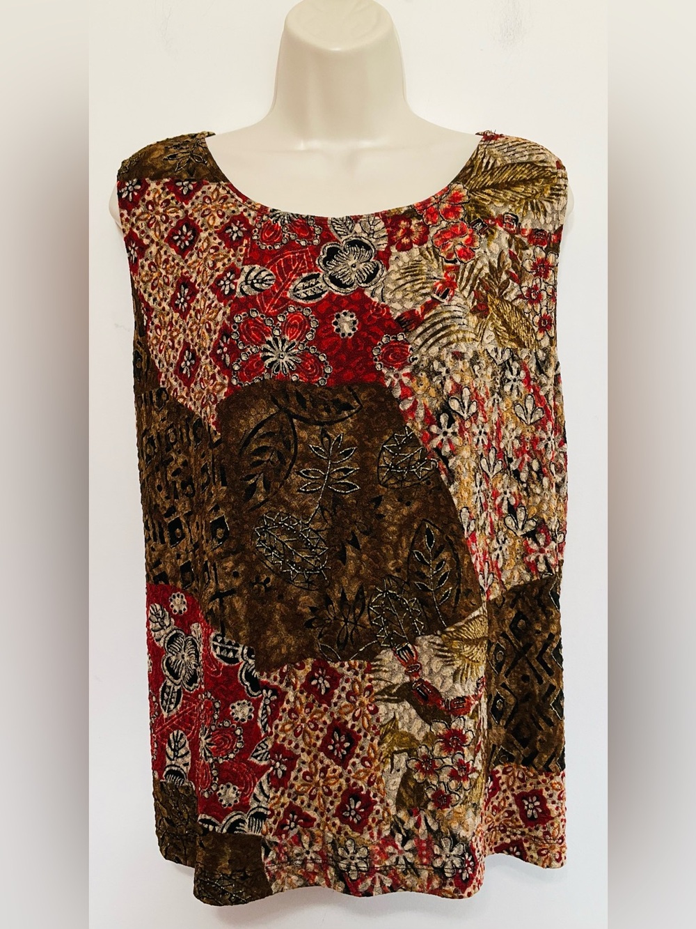 Women’s fall colored White Stag Boho Patchwork round Neck tank top Red & Brown